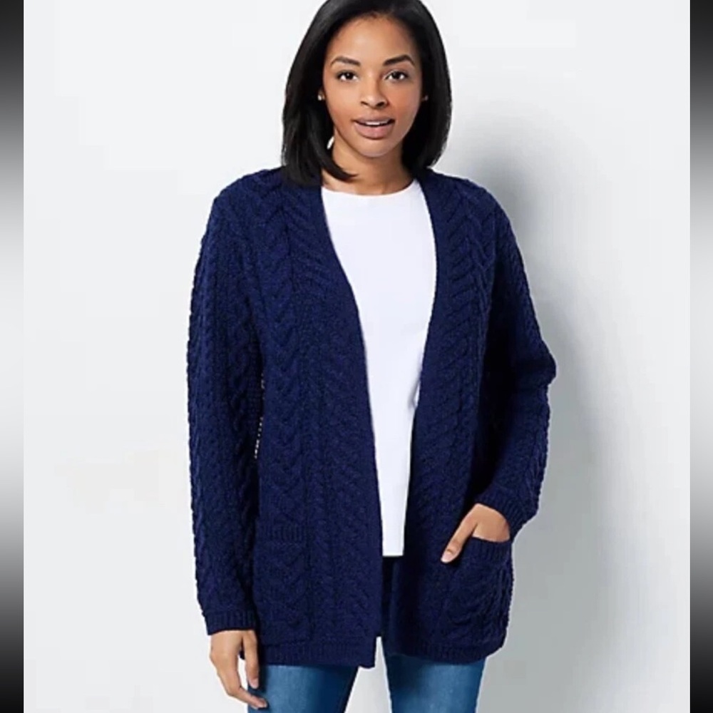 Aran Craft 100% Merino Wool Open Front Cardigan Sweater Midnight navy size XS